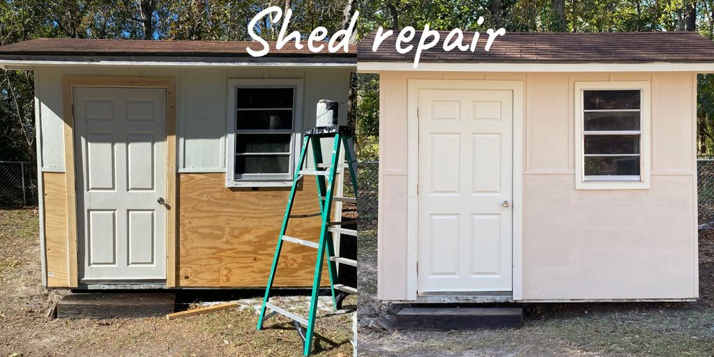 1. Leveled shed 
2. Replaced rotted wood
3. Painte