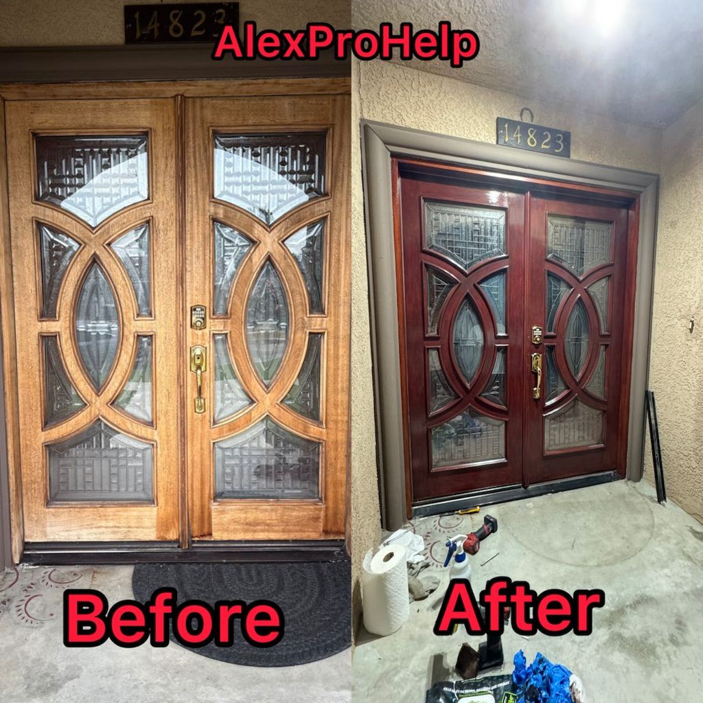 Wood door restoration: applying mahogany stain wit