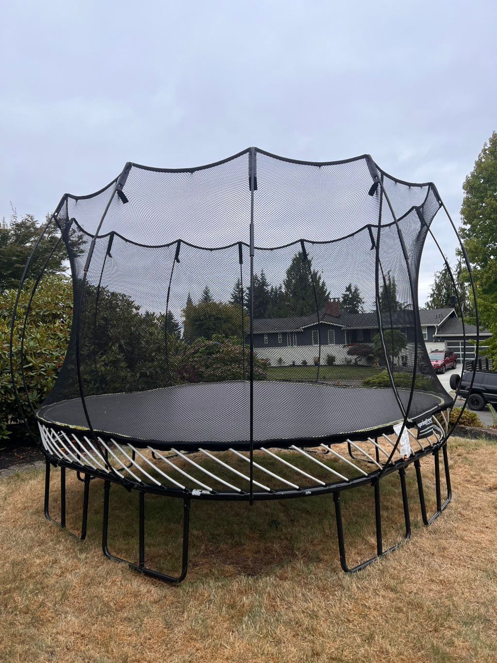 Spring free trampoline assembly. 