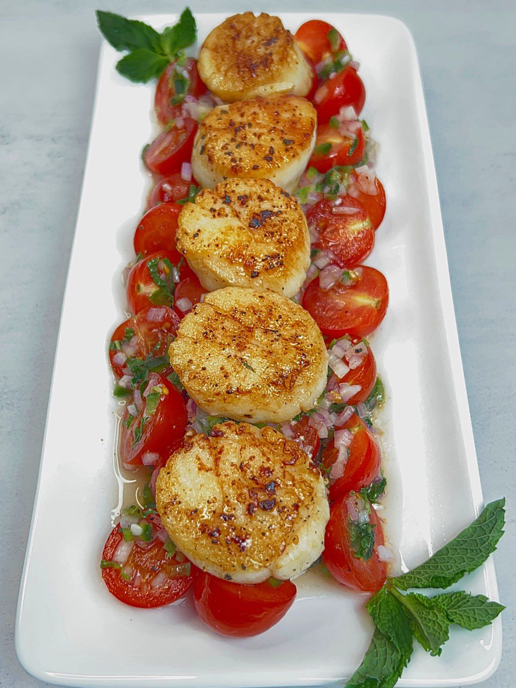Seared scallops over a fresh tomato salad