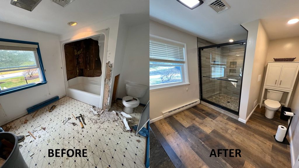 Before and after picture of bathroom remodel in Li