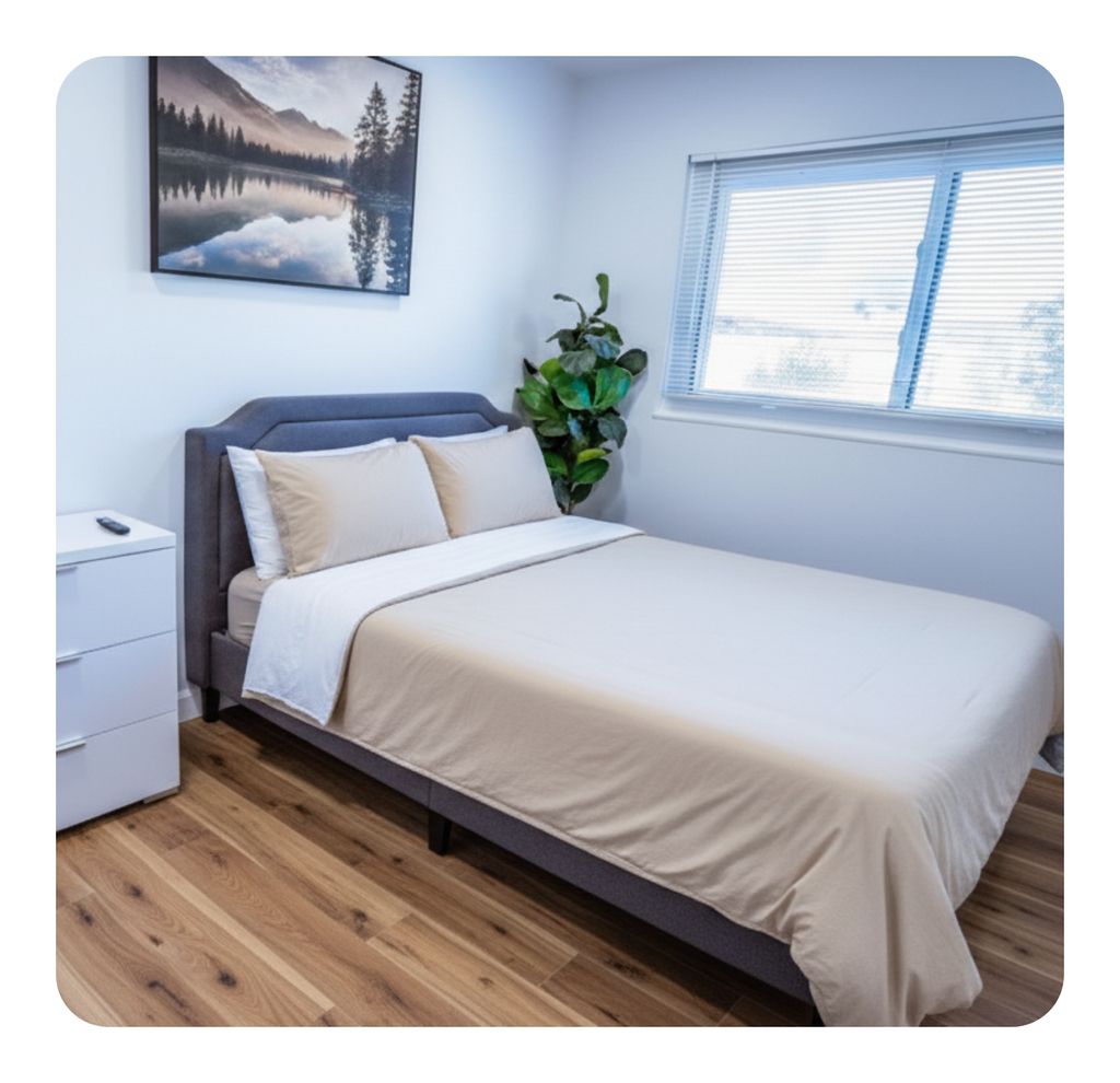 Crisp bed, dusted blinds & nightstand, floors vacu