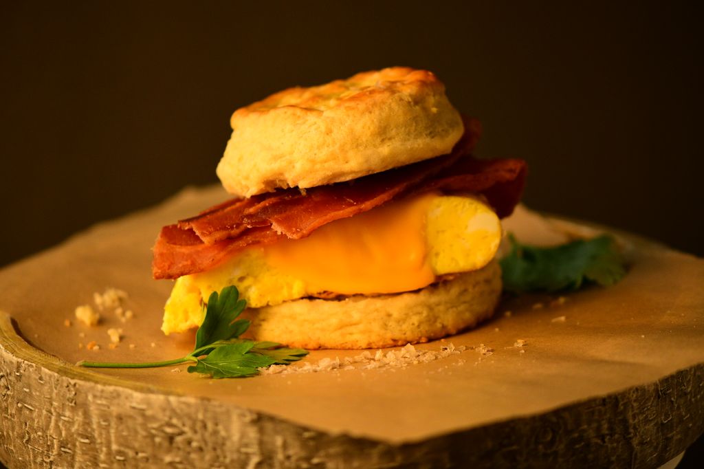 Bacon, egg and cheese on a maple biscuit