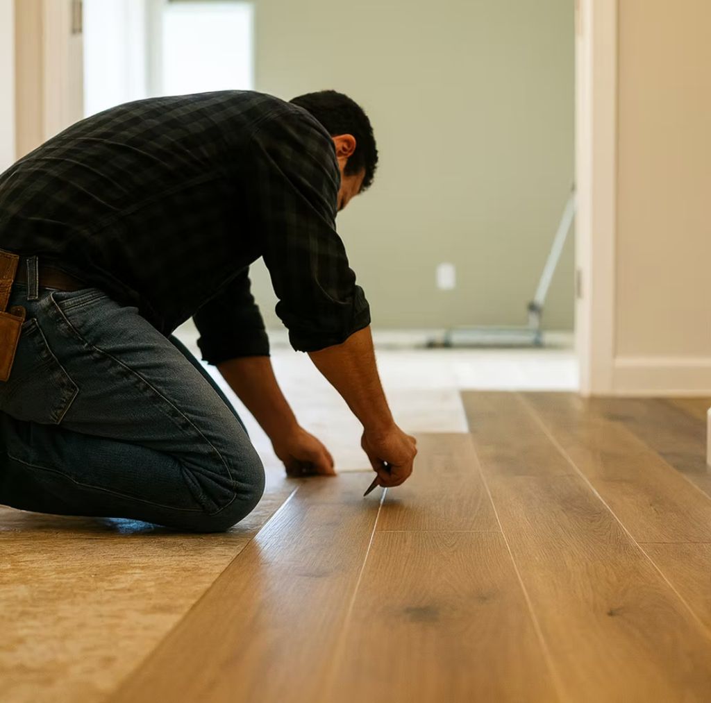 One of our skilled team members installing hardwoo