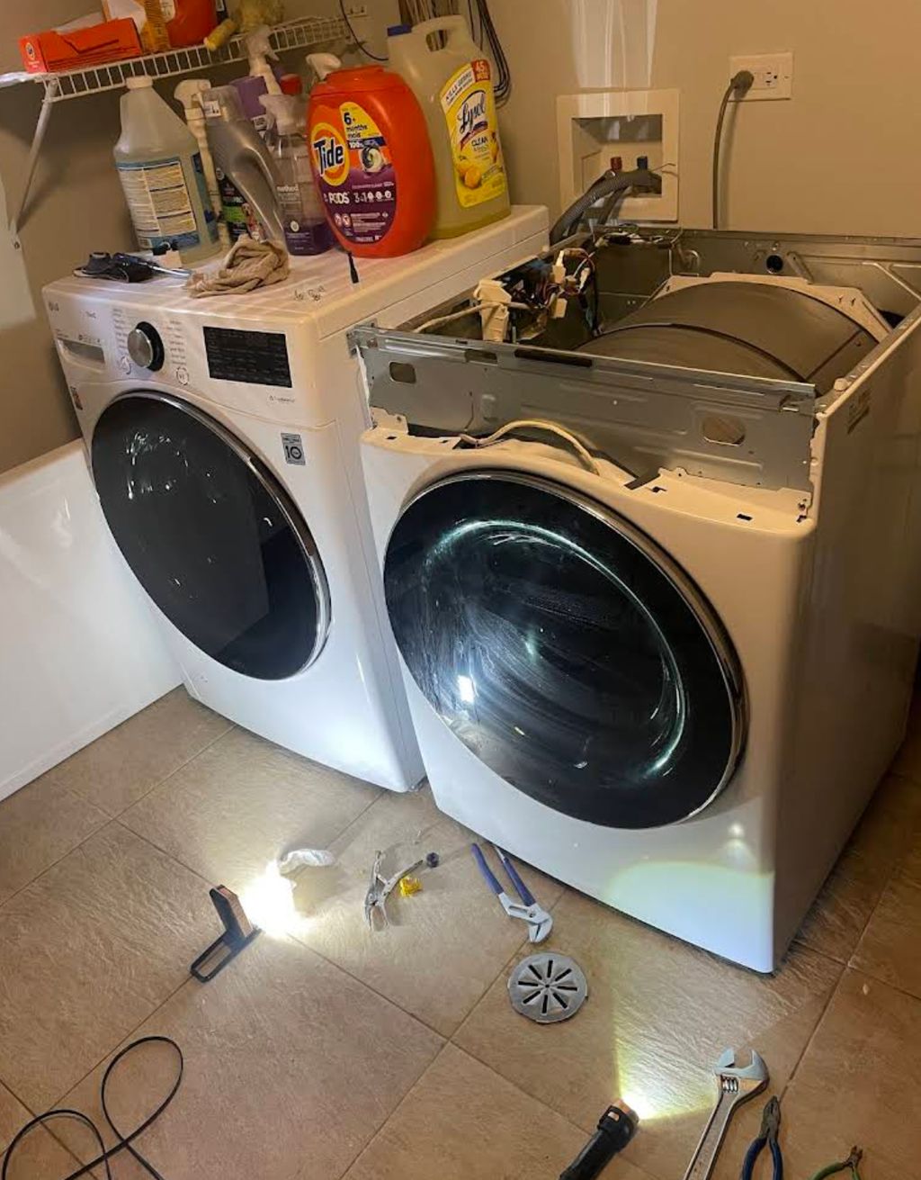 Stackable washer/dryer disassembly for repair