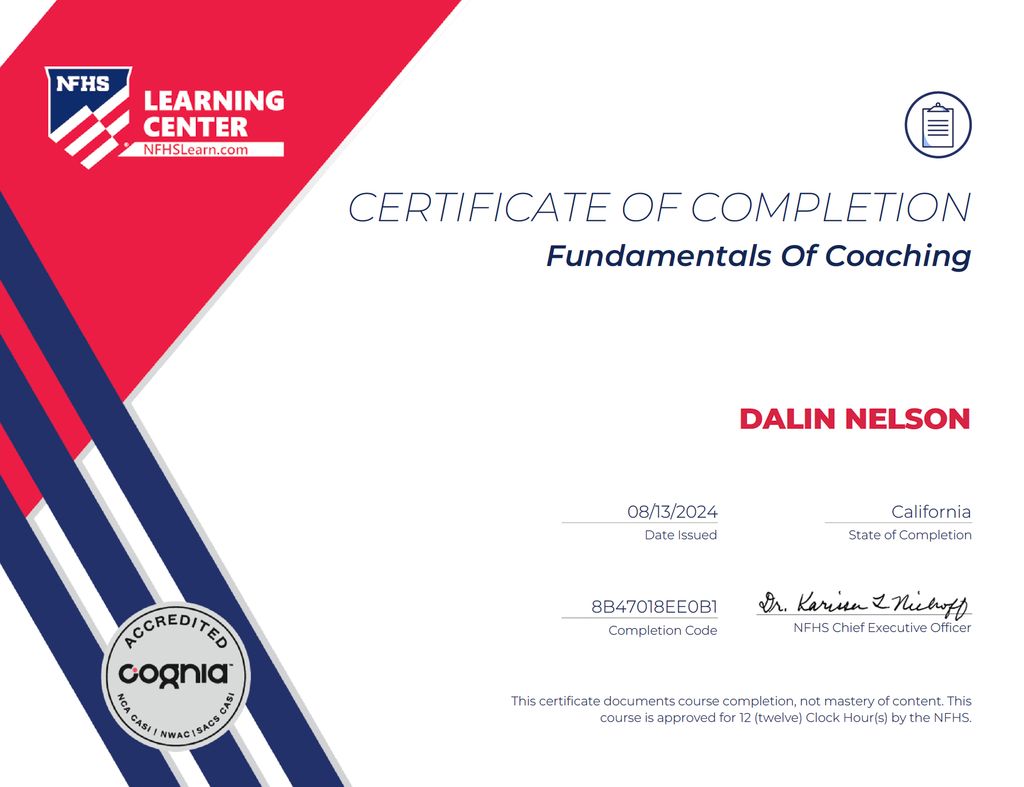 Coach Dalin's certificate for the Fundamentals of 