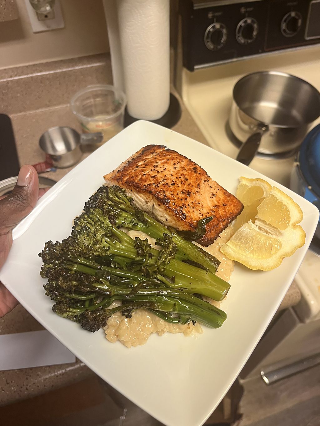 salmon, broccolini and rice