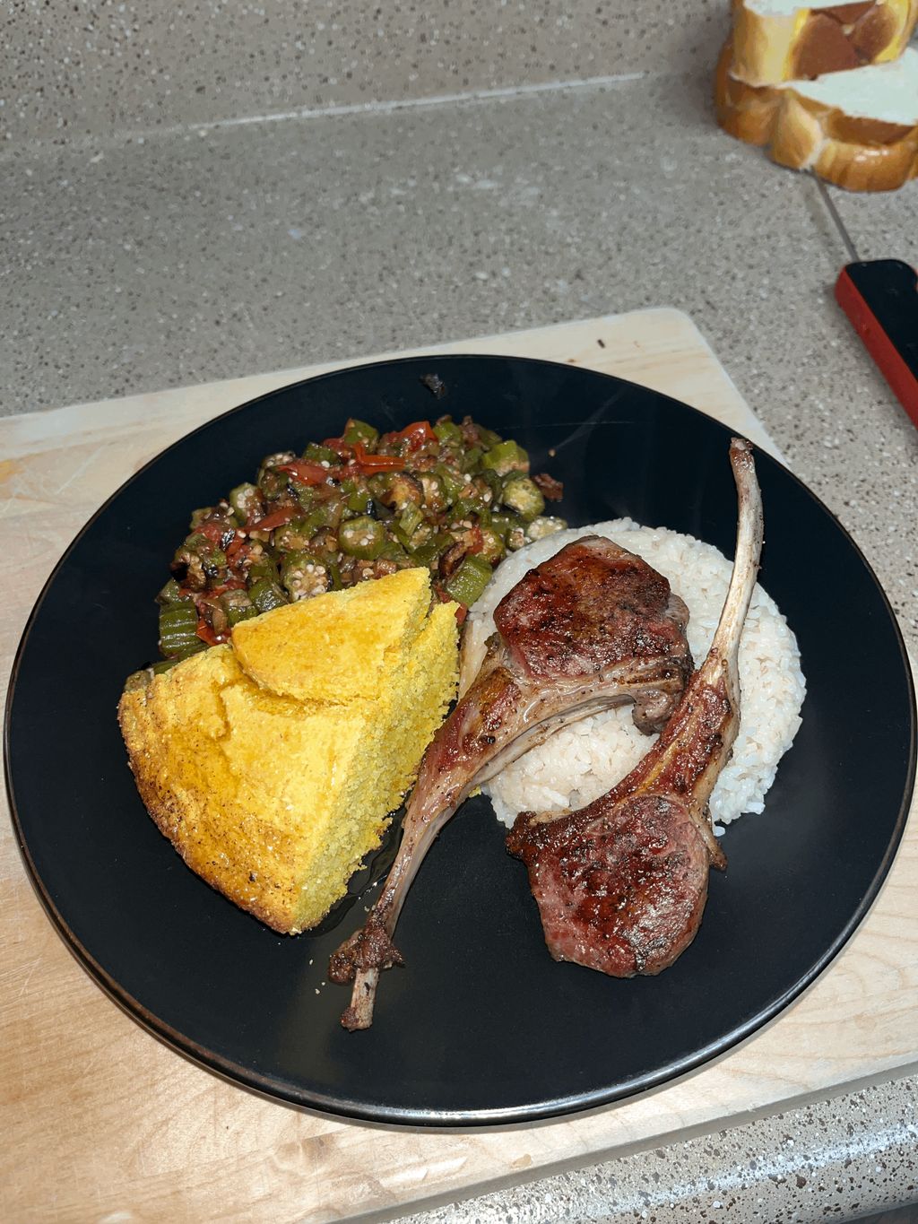 lamb chops, cornbread stewed okra and rice