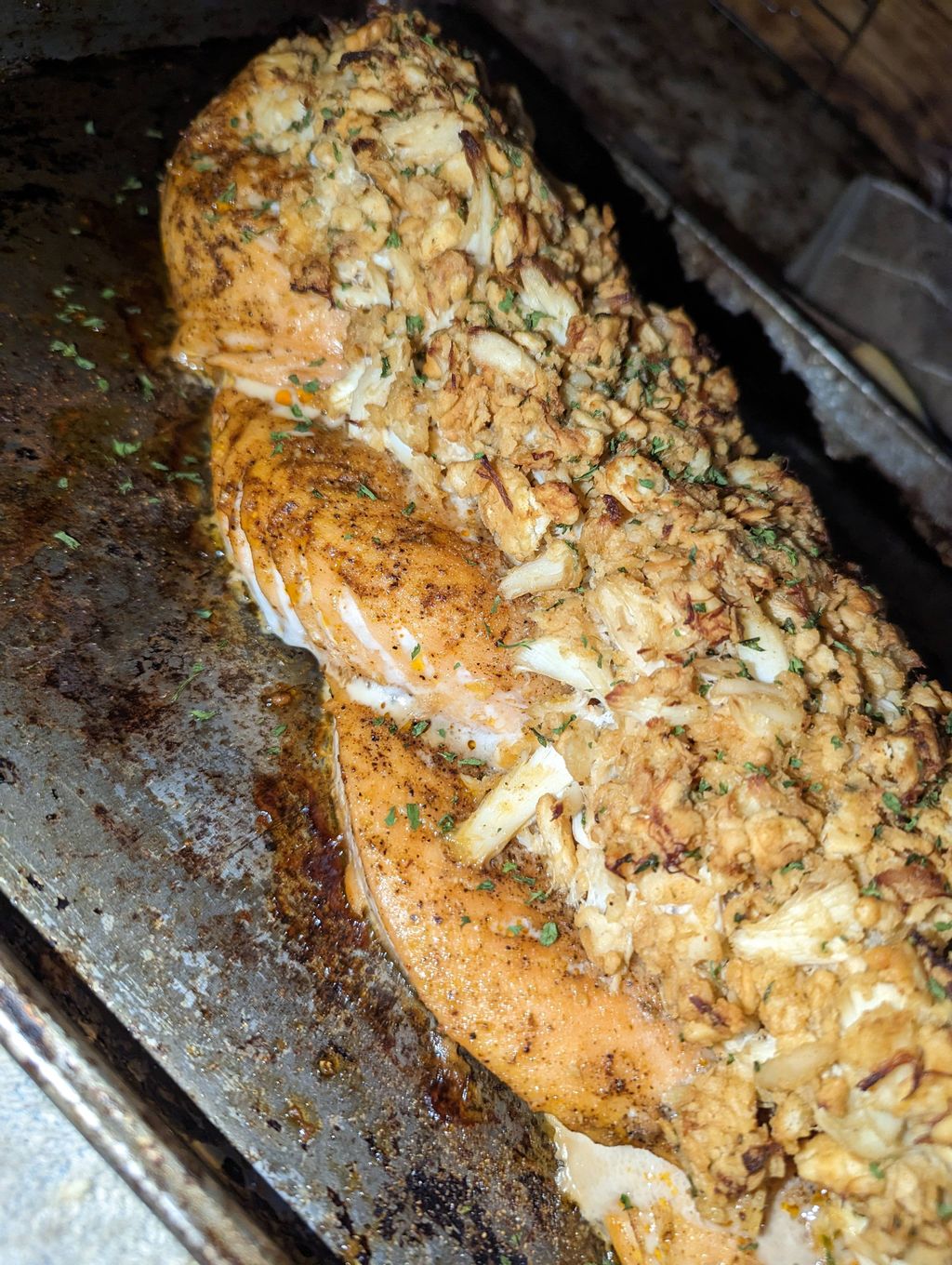 Crab Cake topped braided Salmon tail
