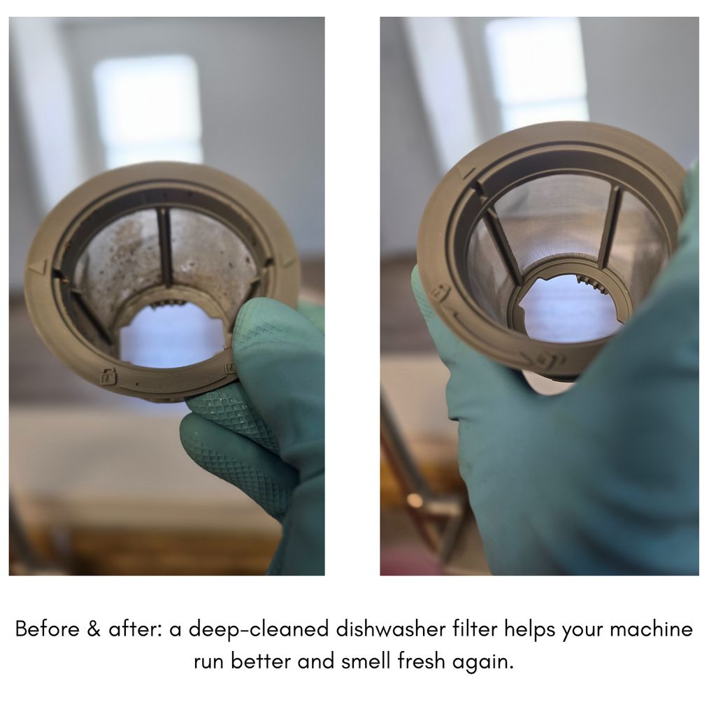 Dishwasher filter cleaning before and after