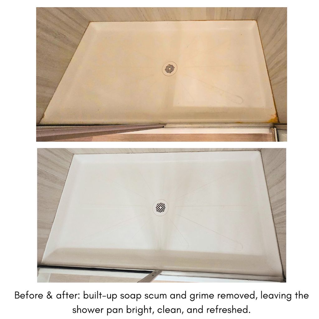 Shower pan cleaning before and after — fresh and r
