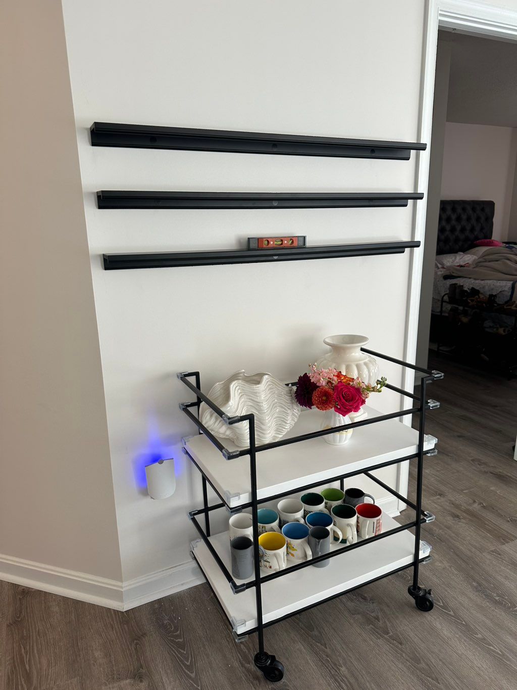 Floating shelves for a condo living room