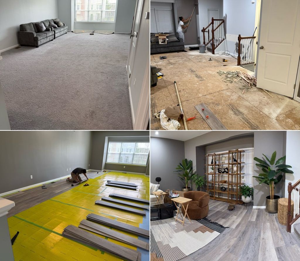 Carpet removal, wall paint, floor installation