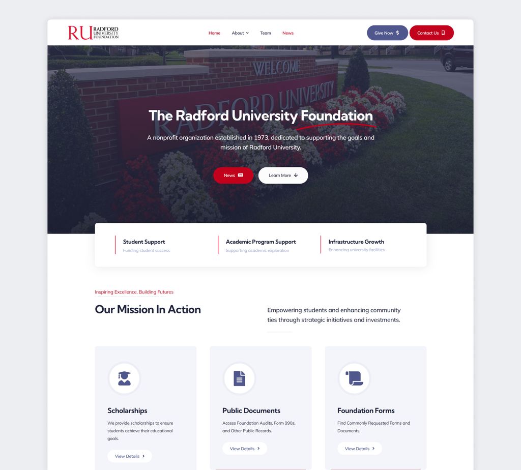 Modernized Radford University Foundation’s site fo