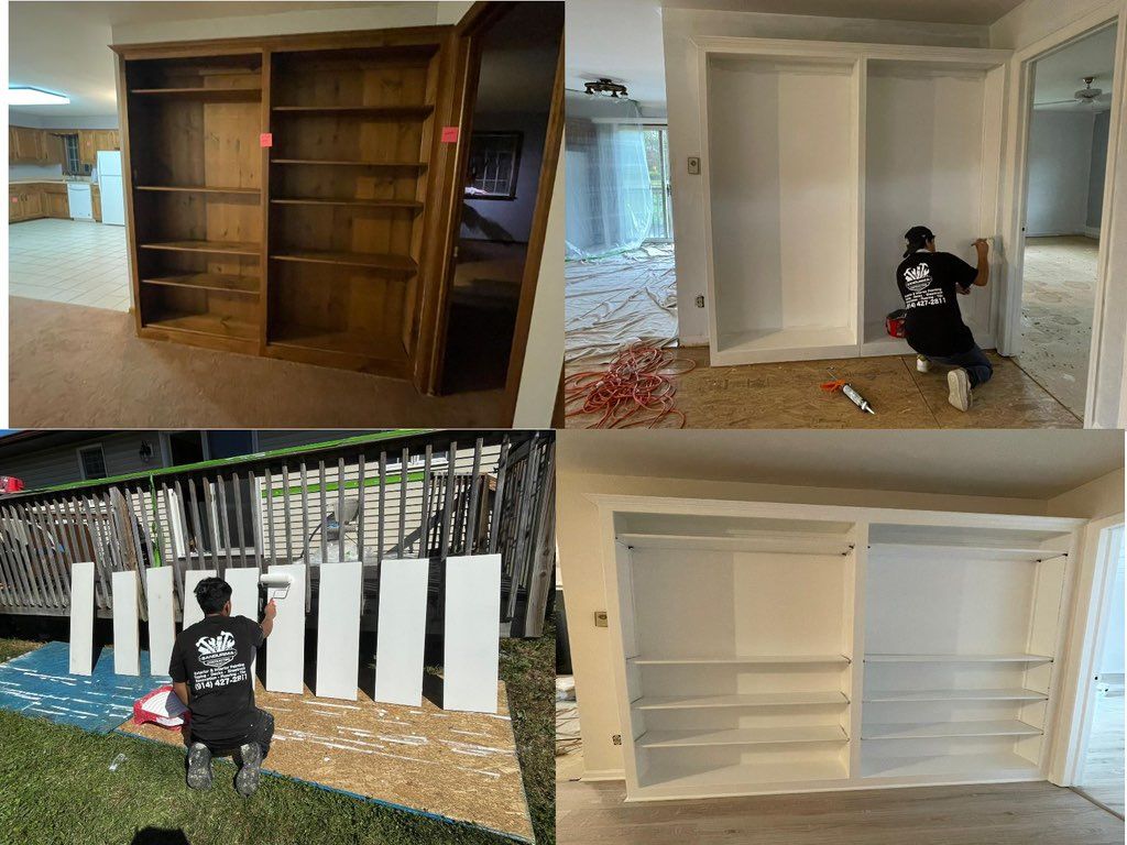 Painting the living room bookshelf.