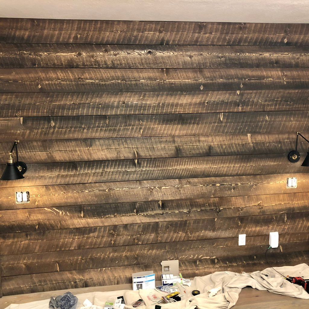 Installed this headboard wall, antiqued and staine