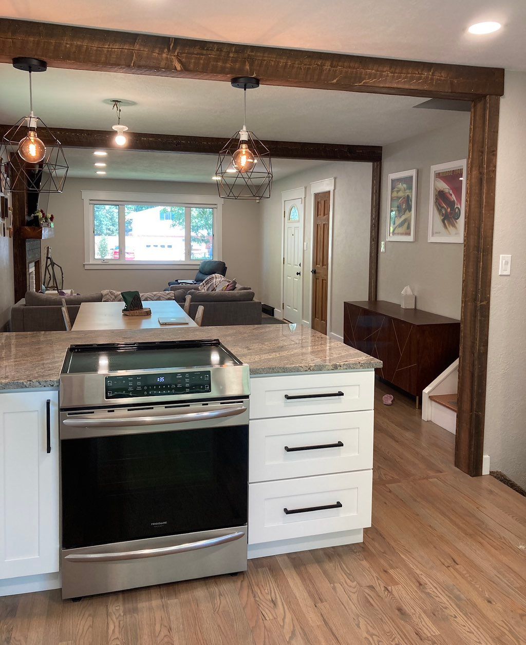 Did the faux beams, set the cabinets, and installe