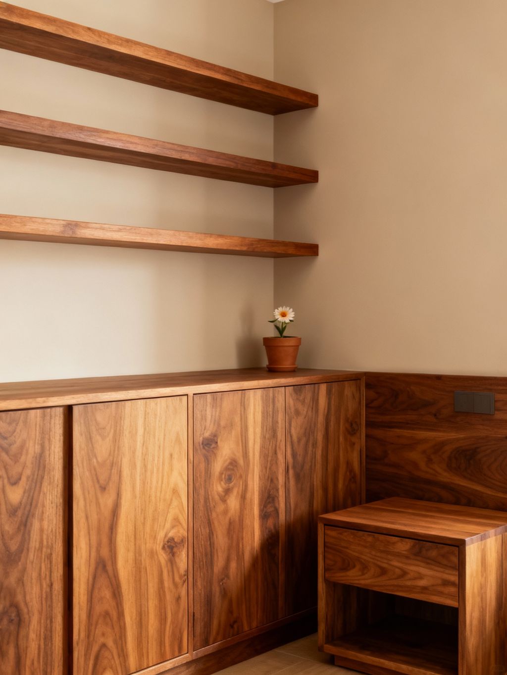 Installed shelves, bedside tables and cabinets