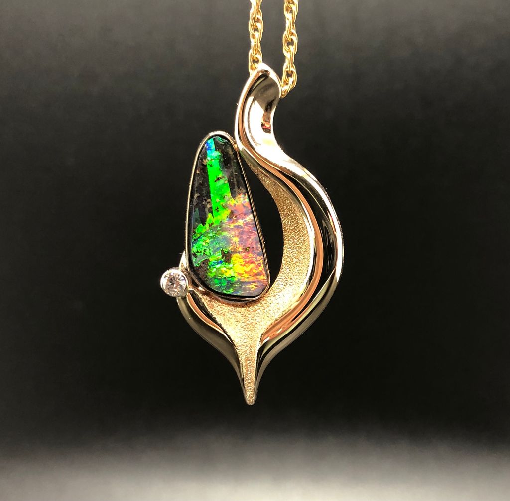 "Waimaia Falls" Gem Black Boulder Opal 14 Karat Ye