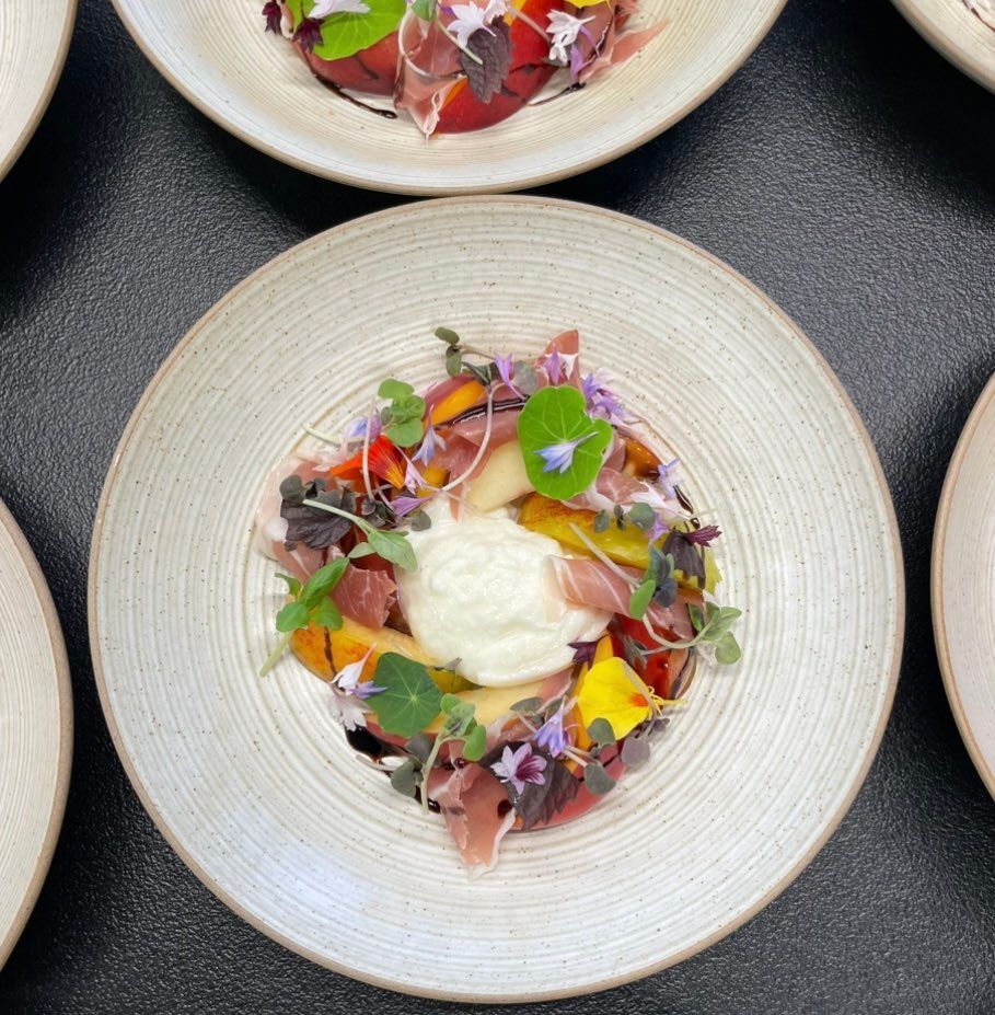 Garden, peach, burrata salad