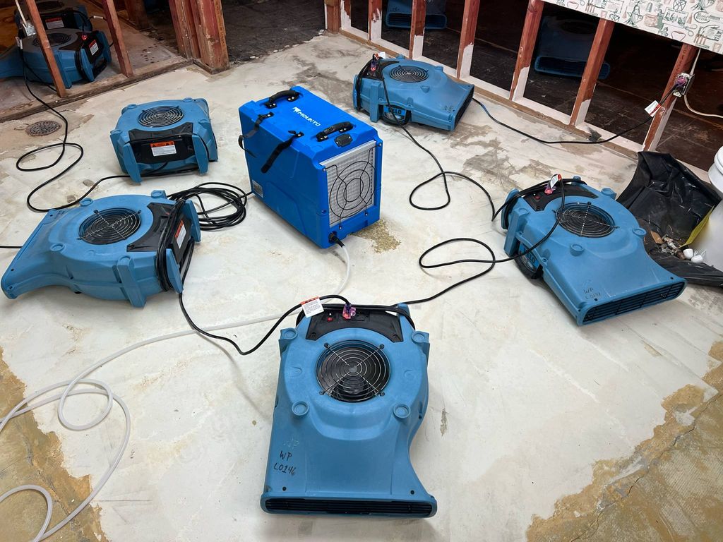 Professional water damage drying setup after a bas