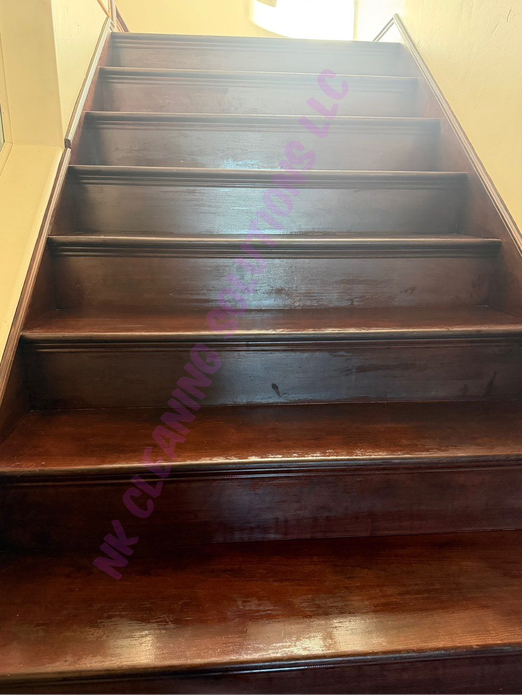 Cleaned and polished wooden staircase.