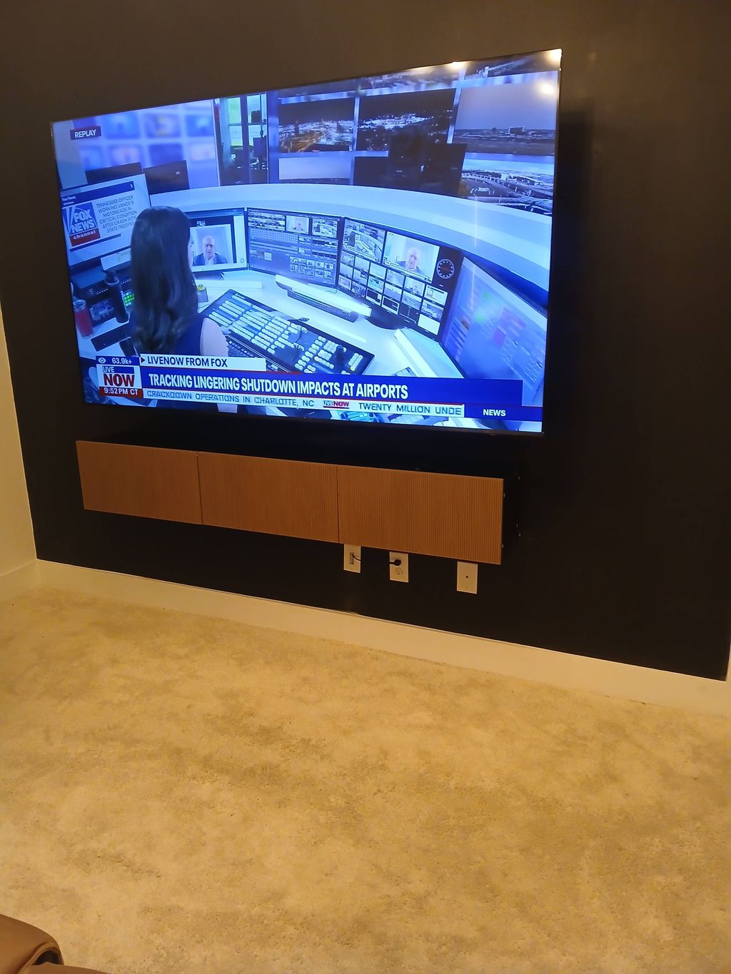 Installed Floating TV Console, Hidden Outlet 