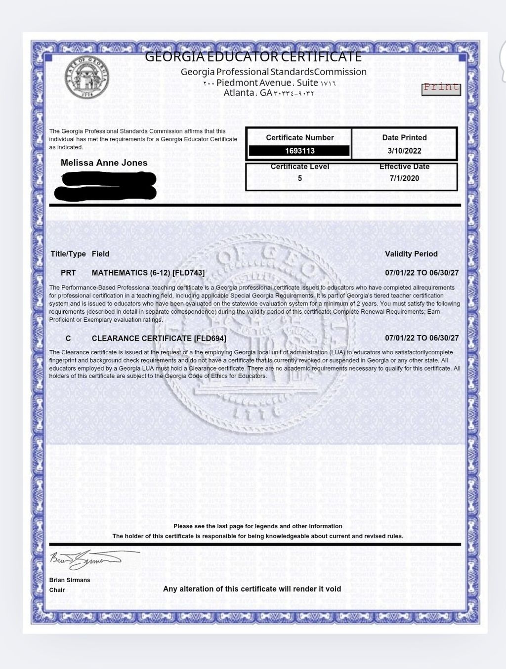 Georgia Teaching Certificate