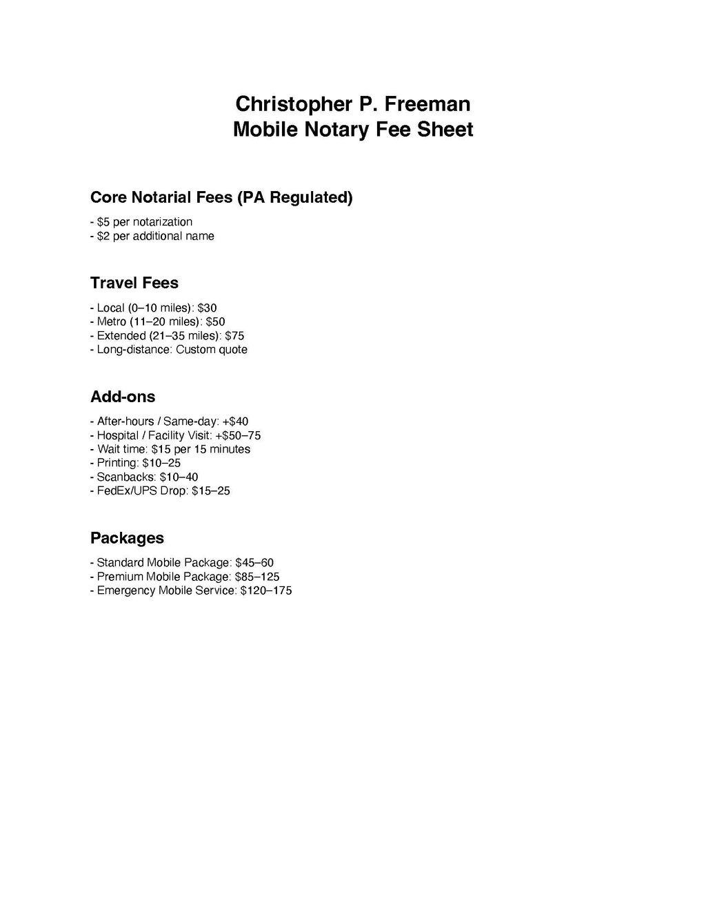 Fee Sheet