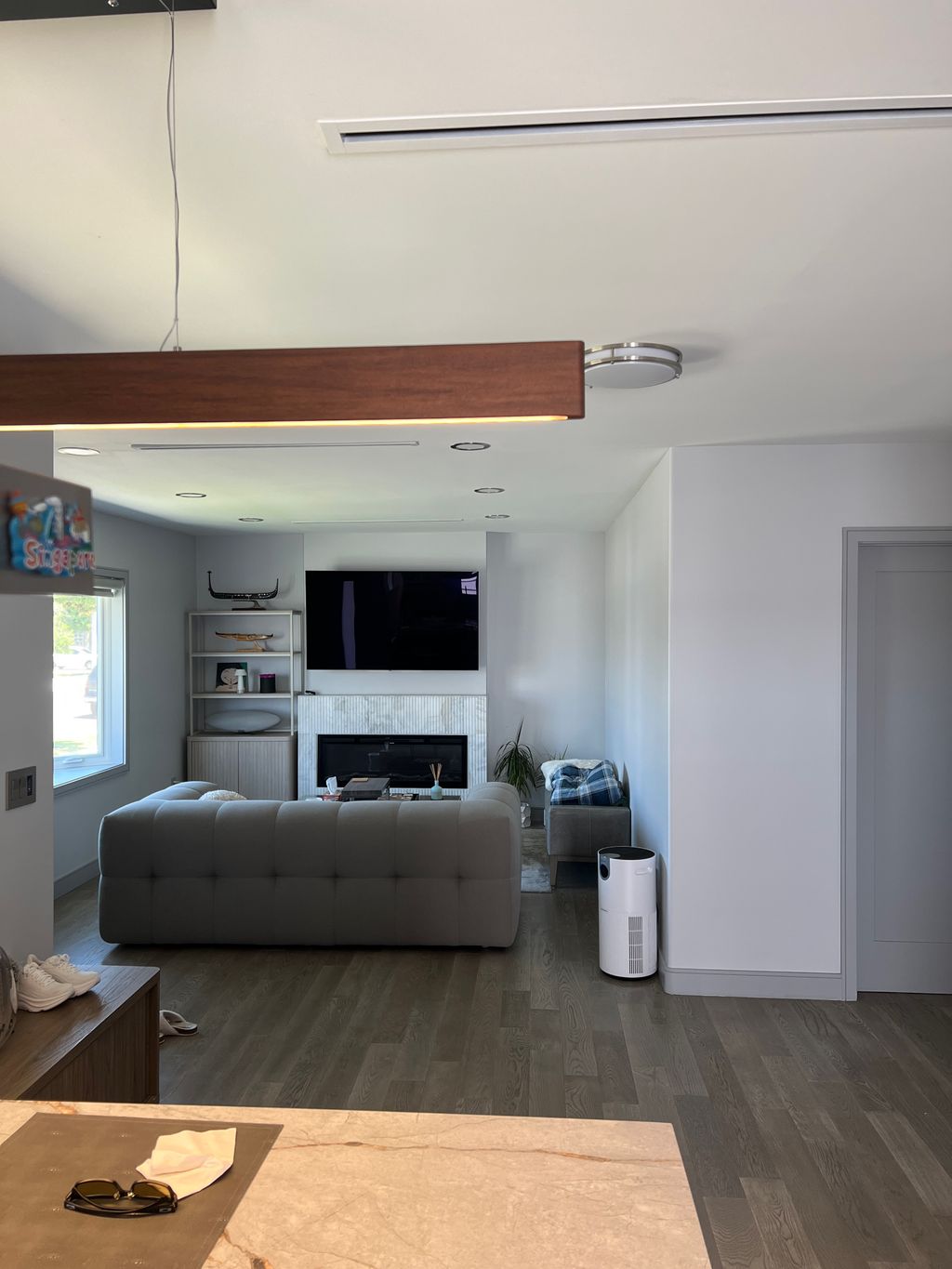 Installed light fixtures, mount 65" tv